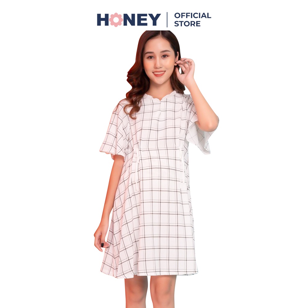 Váy bầu công sở, hoạ tiết kẻ ô, chất liệu thô cotton, nhiều size - Thời trang đầm bầu cao cấp HONEY