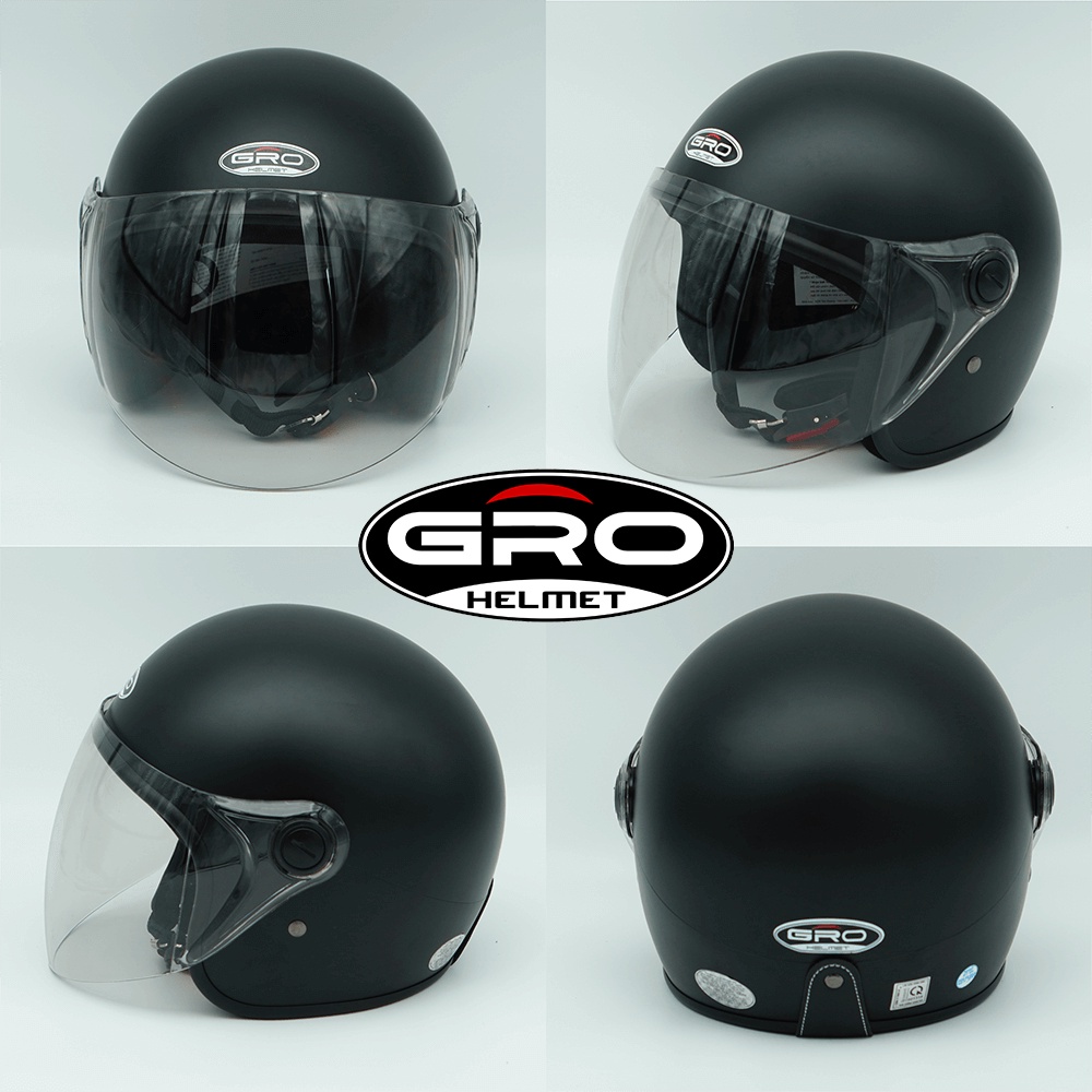 Mũ Bảo Hiểm 3/4 đầu GRO Helmet T818 có kính dài che cả mặt, kiểu dáng thời trang cho nữ, khóa kim loại - Đen Nhám