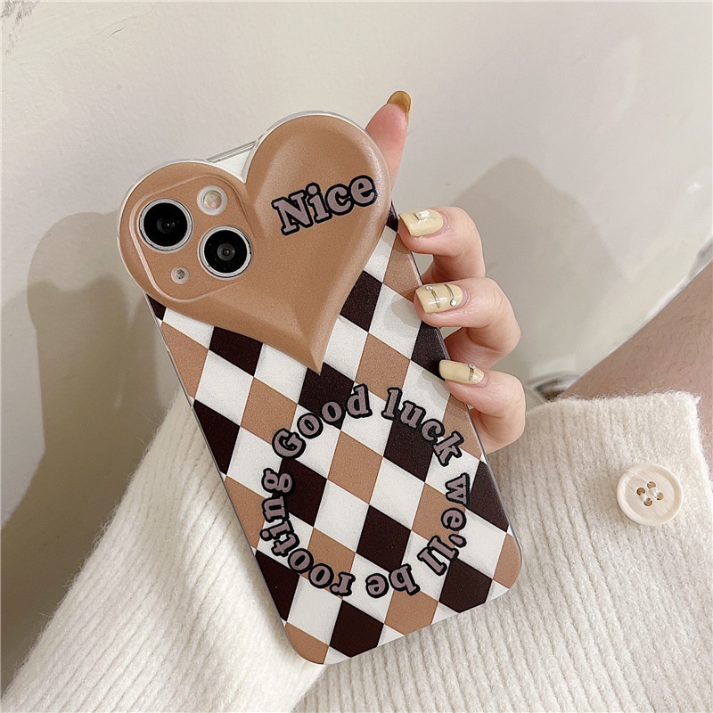 Ốp lưng iphone Ốp Điện Thoại Họa Tiết Trái Tim Phối Sọc Caro Cho Apple 13Promax 12 7/8/XSMAX/11/MINI-DInuo Dinuo case