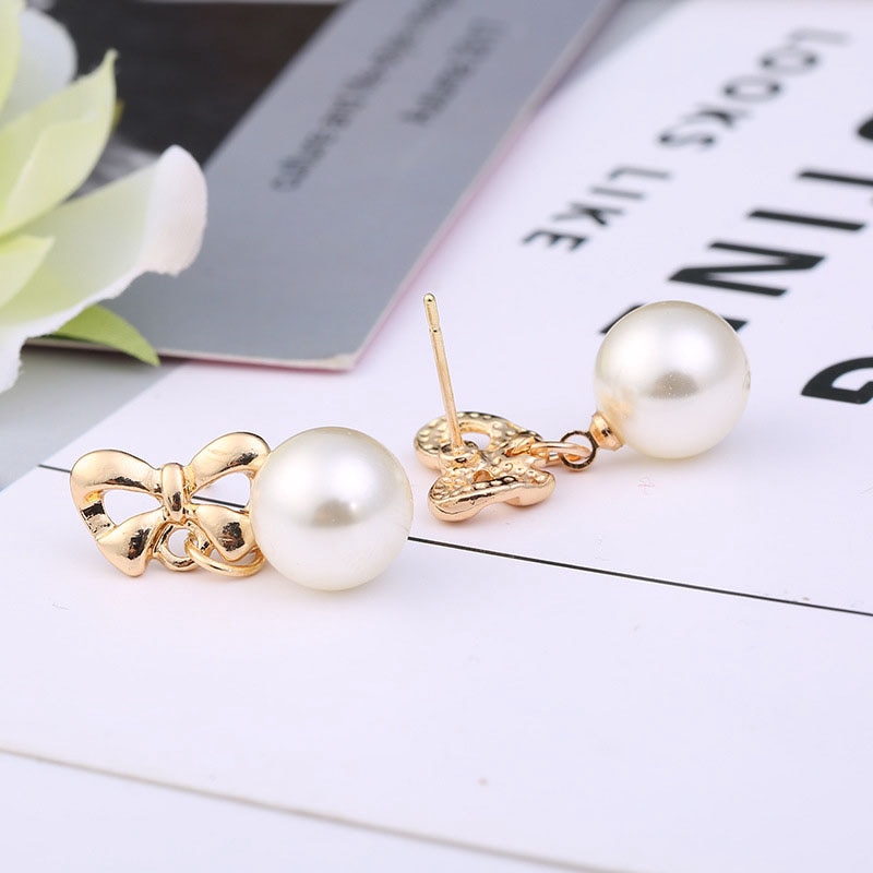 Khuyên tai nơ đính ngọc trai nhân tạo phong cách Hàn Quốc dành cho nữ