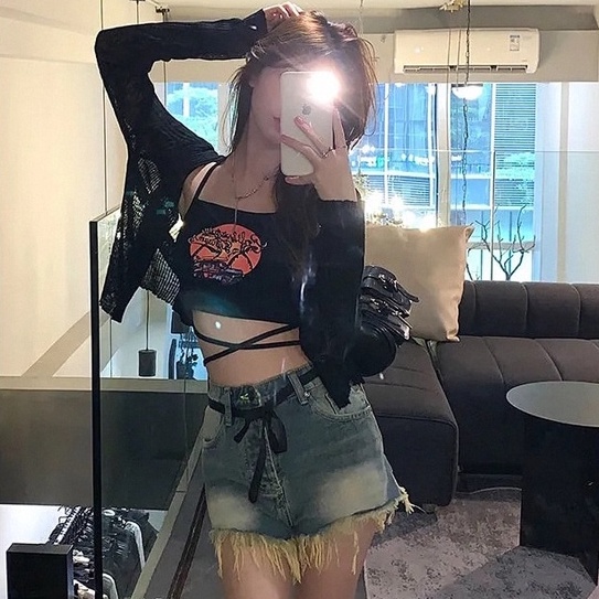 【ZHELIHANGFEI】Quần Short Denim Lưng Cao Phối Tua Rua Phong Cách Retro Quyến Rũ