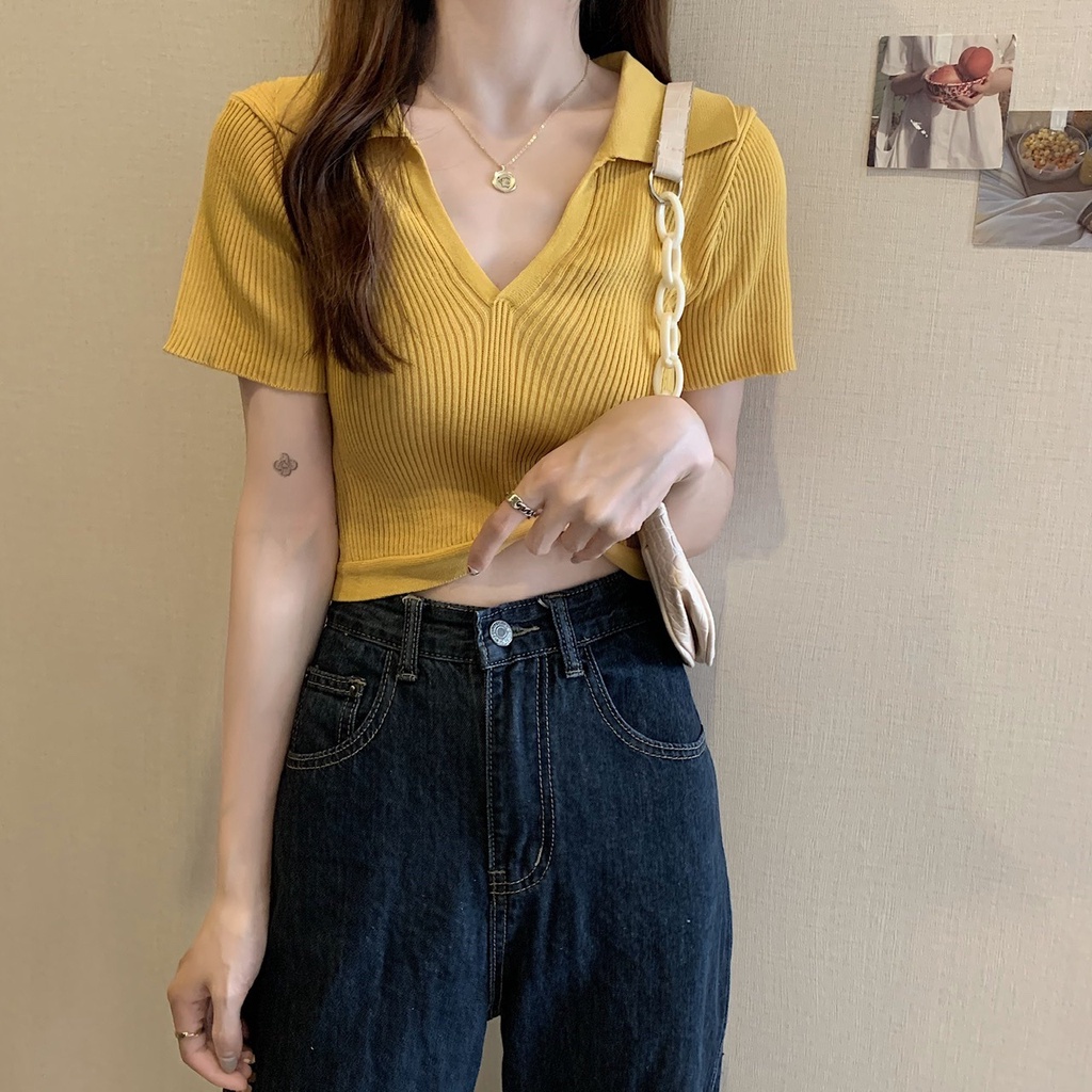 Áo Dệt Kim Ngắn Tay Cổ Chữ V Thắt Dây Thời Trang