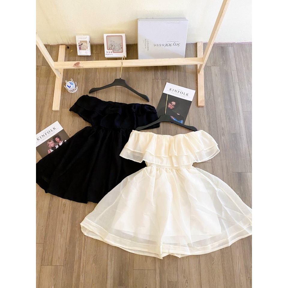 Váy tơ trễ vai hai tầng dáng xòe tiểu thư xinh xắn hai màu đen, trắng trendy