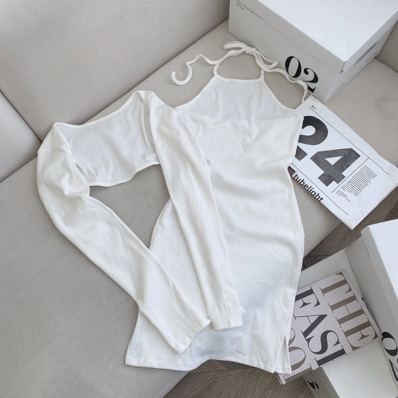 SET ĐẦM CỔ YẾM TRẮNG + ÁO KHOÁC CROPTOP