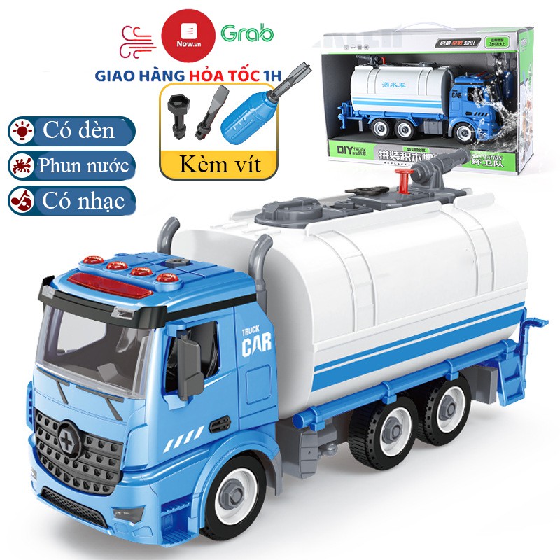 Đồ chơi lắp ghép xe bồn phun được nước có đèn và nhạc với 60 chi tiết kèm vít giúp bé phát triển trí não