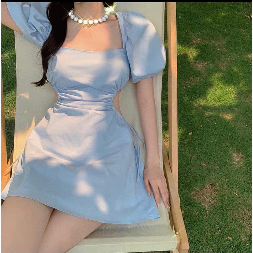 [Mã SKAMA06 giảm 8% tối đa 50K đơn 250K] ĐẦM XANH CỔ VUÔNG TAY BỒNG KHOÉT EO RÚT DÂY | BigBuy360 - bigbuy360.vn