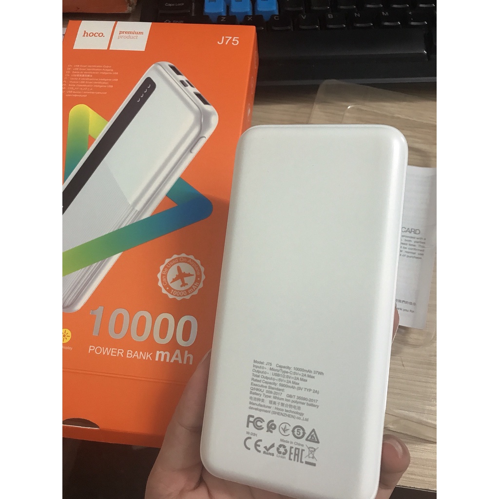 Pin sạc dự phòng 10000mAh HOCO J75, đầu vào Micro-USB/ Type-C, đầu ra 2 cổng USB 2A, có ĐÈN LED hiển thị pin