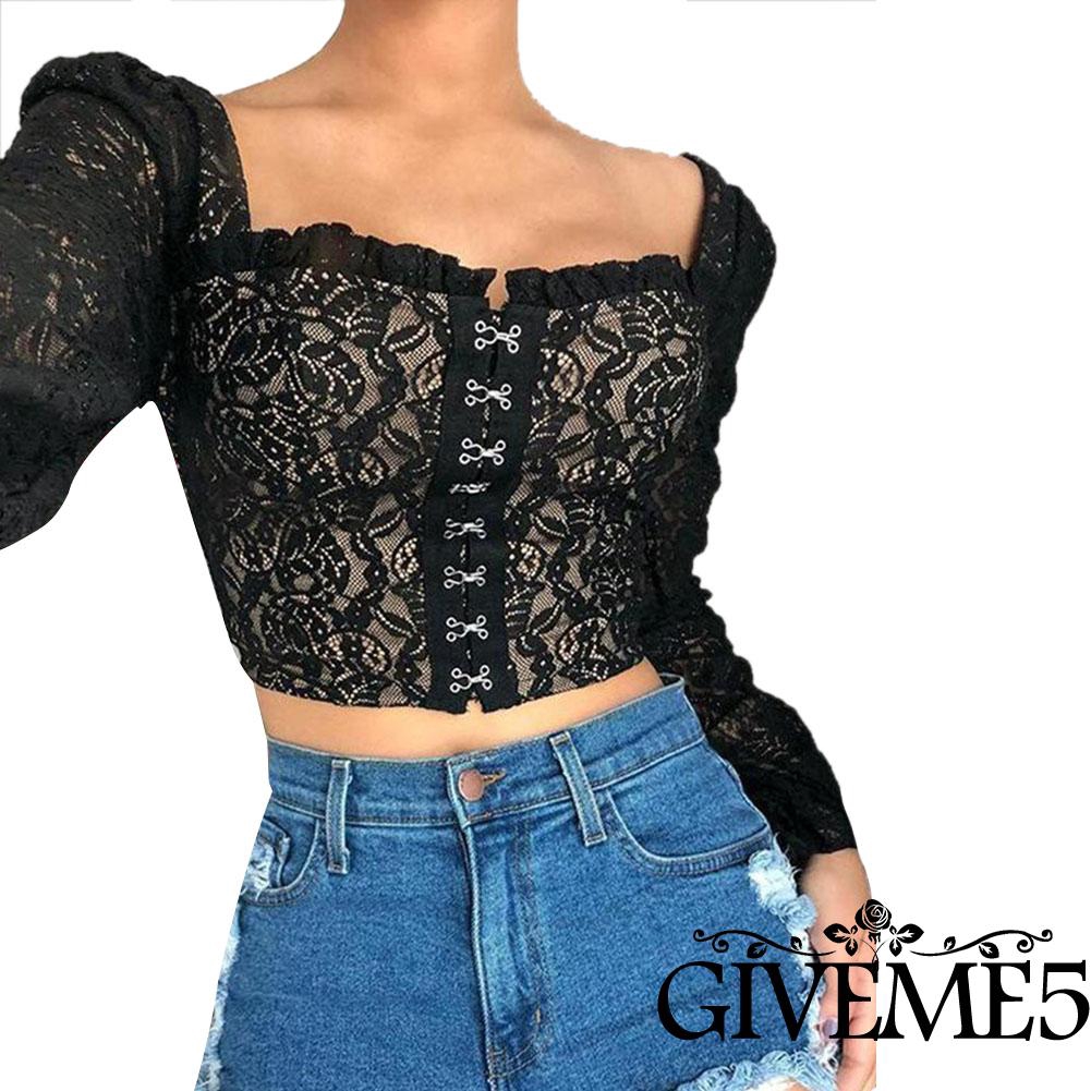 Áo Croptop Cổ Chữ U Phối Ren Màu Trơn Quyến Rũ Cho Nữ