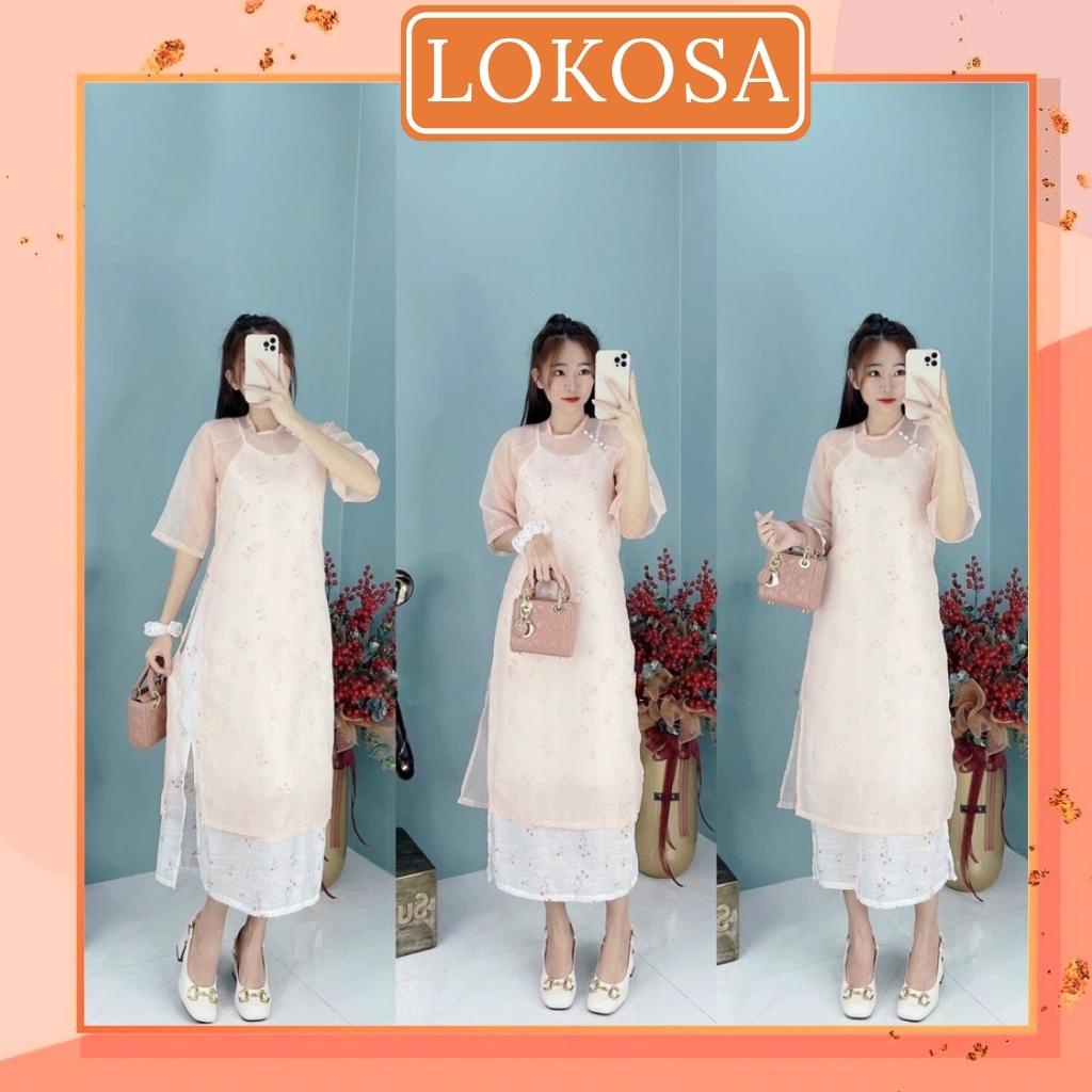 Áo Dài Cách Tân Nữ LOKOSA Thiết Kế Hoa Nhí Vải Voan Tay Lỡ Cao Cấp Nữ Đi Đám Cưới Mặc Tết Đều Đẹp AOE021