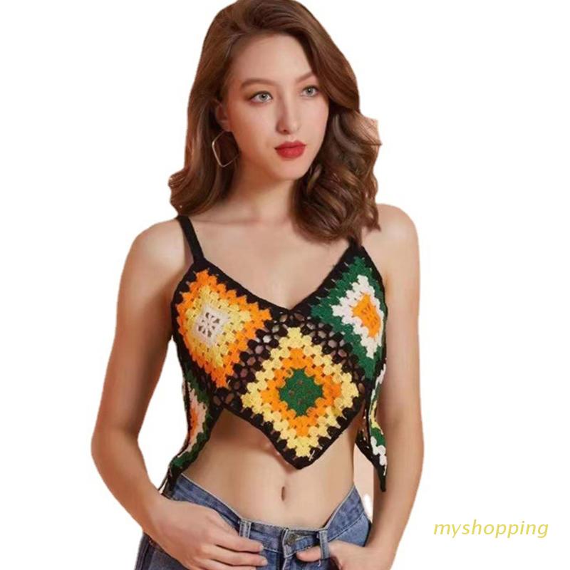 Áo kiểu croptop hai dây dệt kim cổ chữ V sọc hình thoi viền bất đối xứng ôm dáng vừa vặn phong cách boho quyến rũ cho nữ