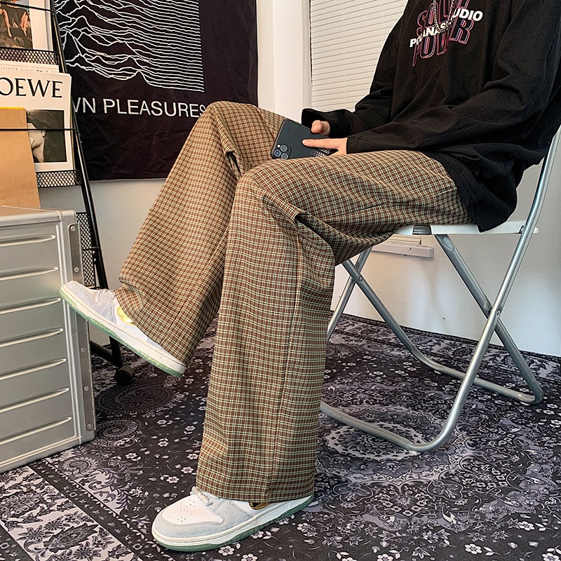 Quần ống rộng họa tiết kẻ caro phong cách retro Mỹ