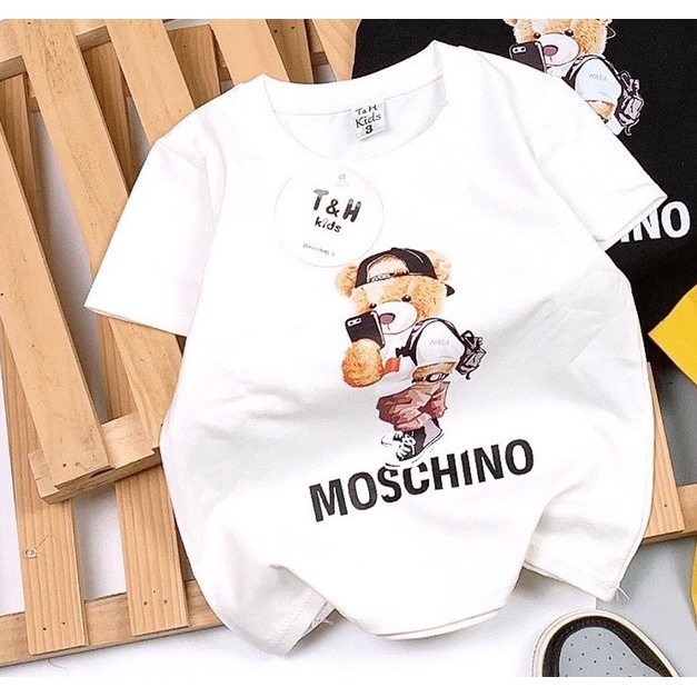 Áo phông thun cotton ngắn tay hình gấu MOCHINO cho bé trai từ 7 đến 18 kg, SUN KID'S