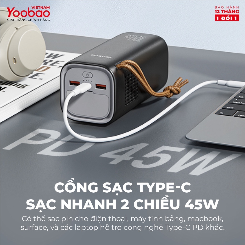 Trạm sạc dự phòng Yoobao EN100 dung lượng 20000mAh, tích hợp đèn pin PD45W 220V/100W