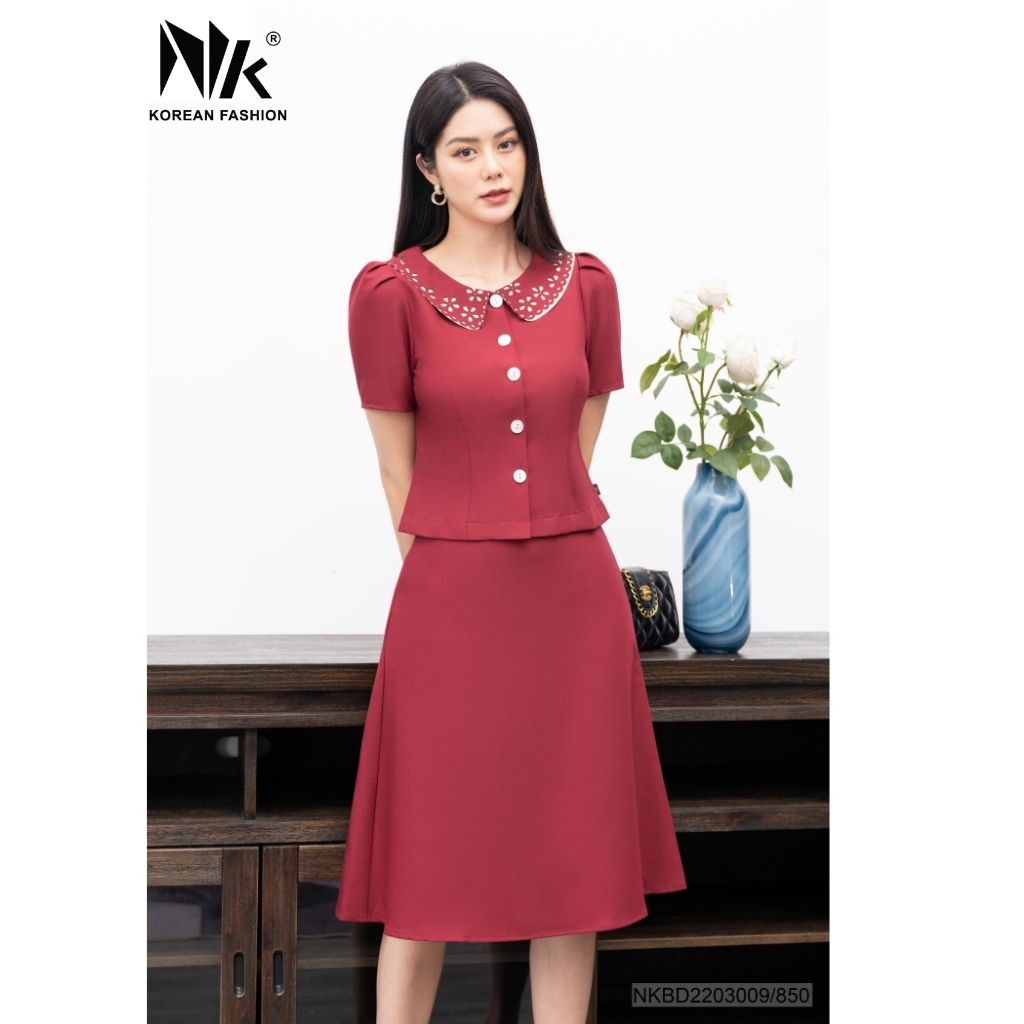 Set Áo Váy Nữ NK Fashion Thiết Kế Cổ Laze Kết Hợp Chân Xòe Chất Vải Nhập Hàn NKBD2203009