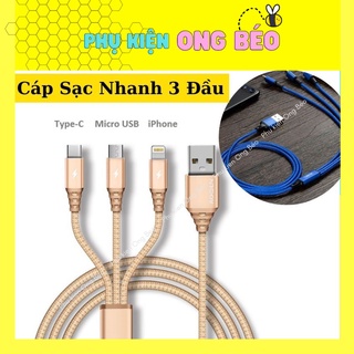 Cáp sạc 3 đầu bọc dù, sạc nhanh, bọc kim loại 2 đầu - phukien_ongbeo