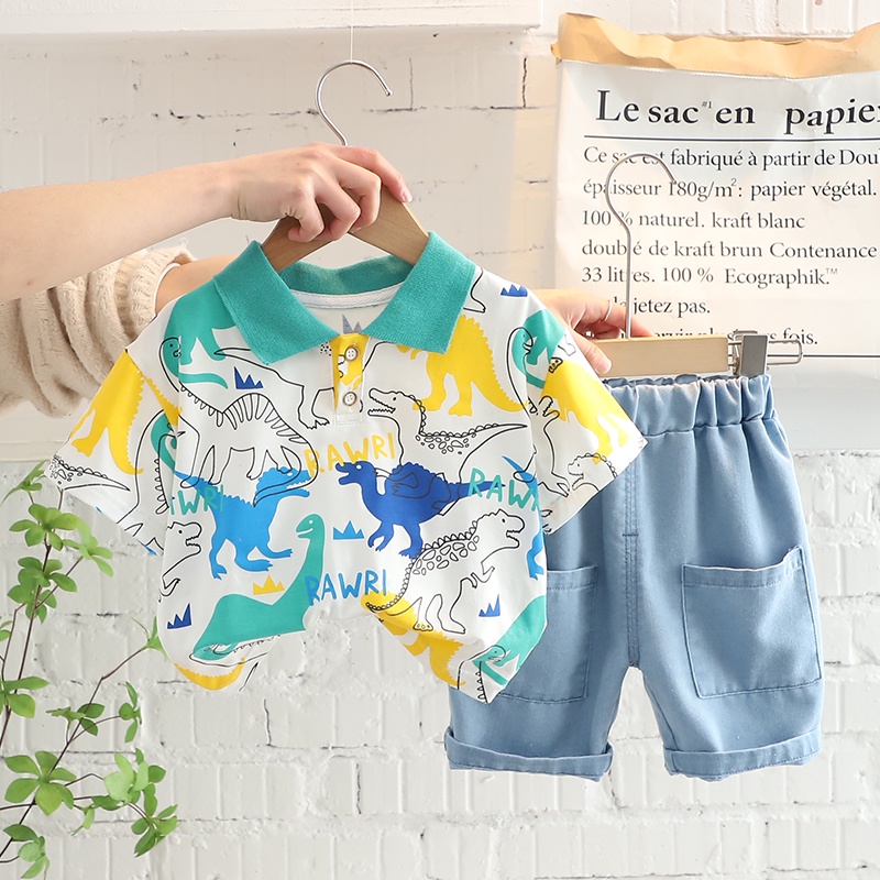 Set Đồ 2 Món Gồm Áo polo Và Quần Short denim In Hình Khủng Long Hoạt Hình Dành Cho Bé Trai 0-5 Tuổi