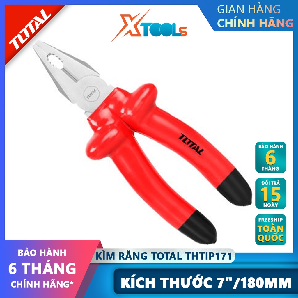 Kìm răng cách điện TOTAL THTIP171 | kềm cách điện Size 7&quot;/180mm, Kiểm tra 10000V cắt, kẹp, tuốt các loại dây cáp, dây đi