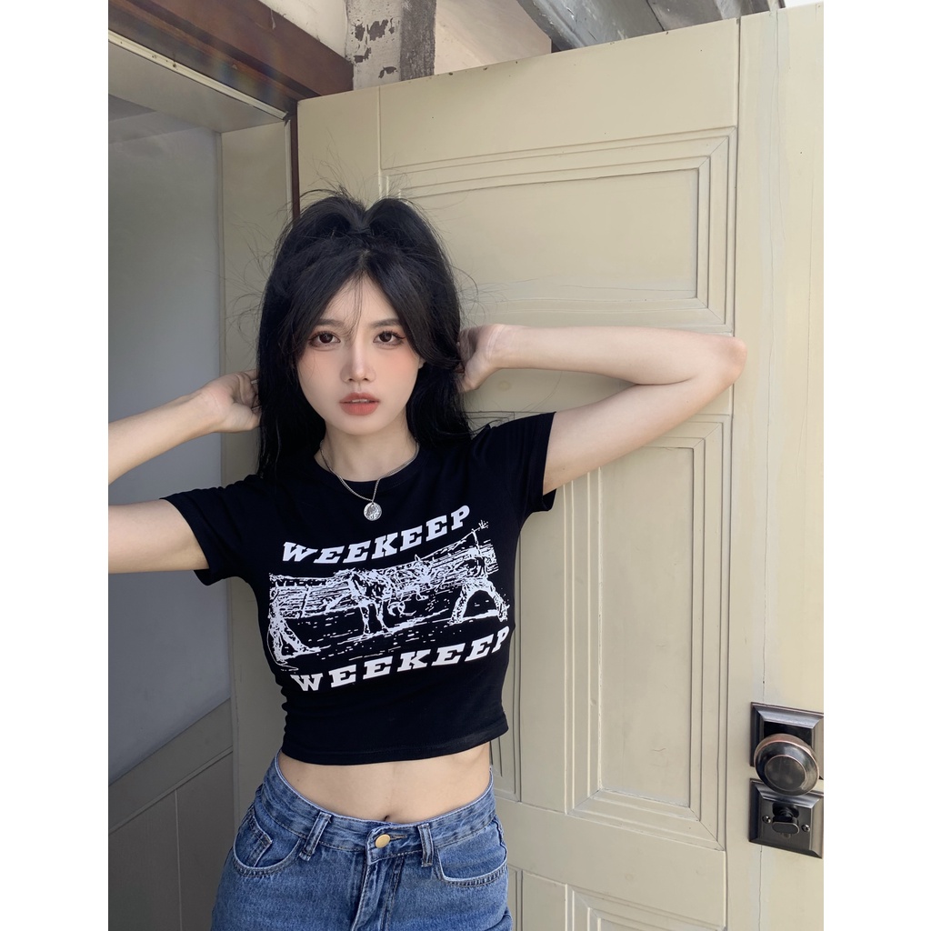 Áo Croptop Nữ WEEKEP BOM HOUSE Chất Liệu Thun Bo Gân