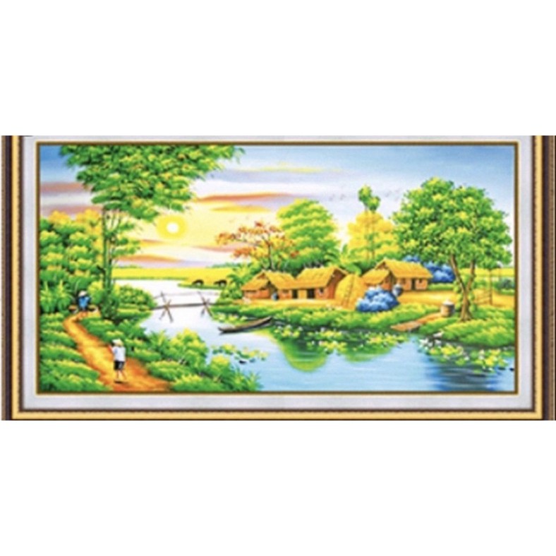 tranh thêu chữ thập phong cảnh làng quê 89005