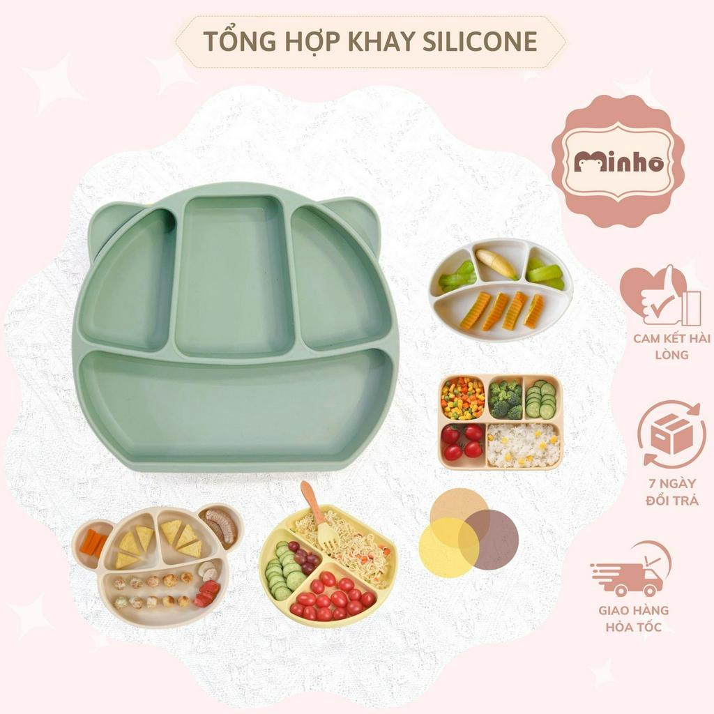 (Tổng hợp khay) Khay ăn dặm silicon hình tai gấu có đế chống trượt loại 4 ngăn và đĩa mini (mẫu mới)