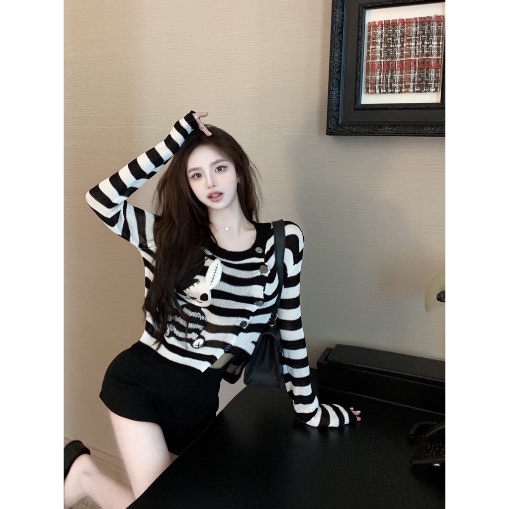 Cocory vn Áo Cardigan Dệt Kim Tay Dài Dáng Rộng Thêu Hình Thỏ Thời Trang Hàn Quốc Cho Nữ