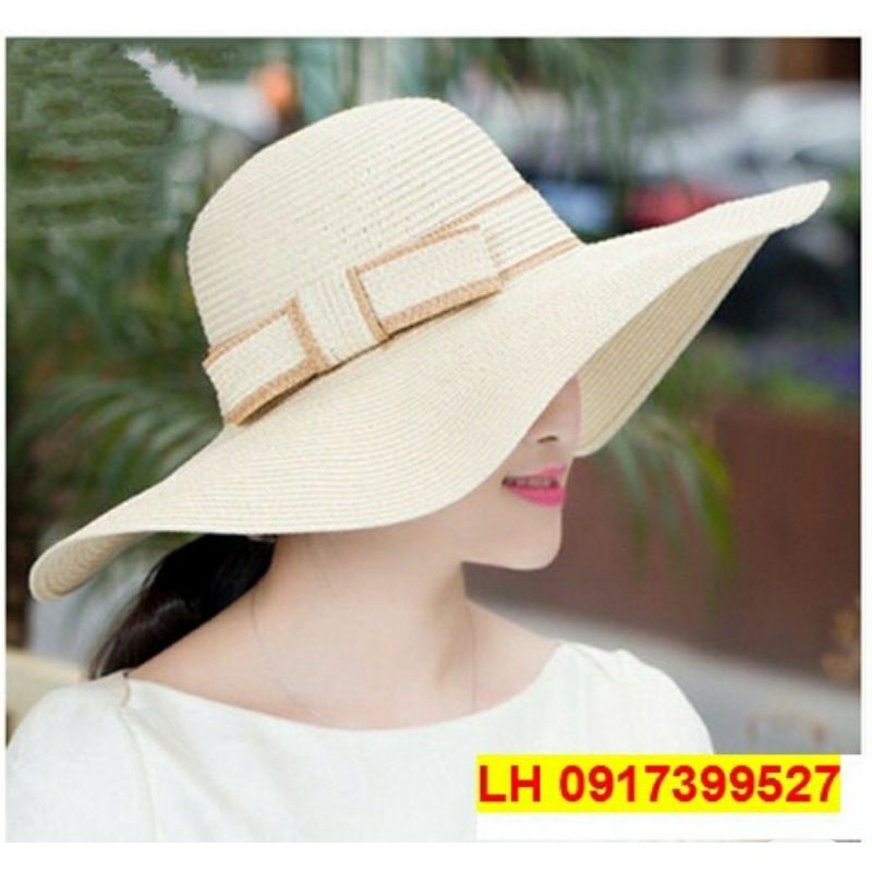Nón rộng vành đi biển đẹp mũ cói nơ viền trắng cho nữ