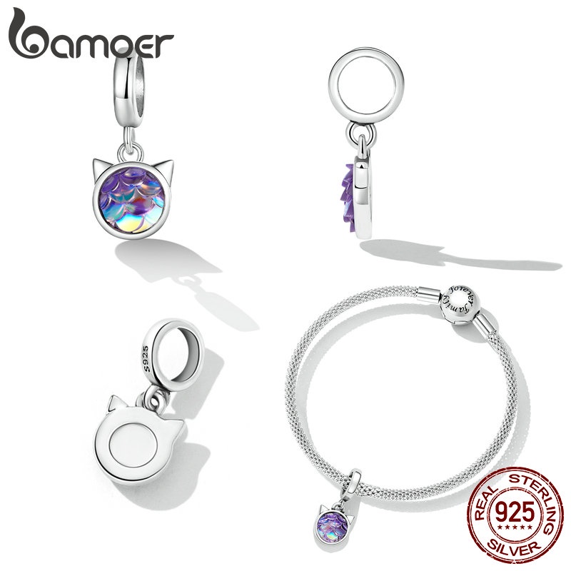 Mặt vòng cổ BAMOER bằng bạc 925 hình mèo đính đá thời trang dành cho nữ