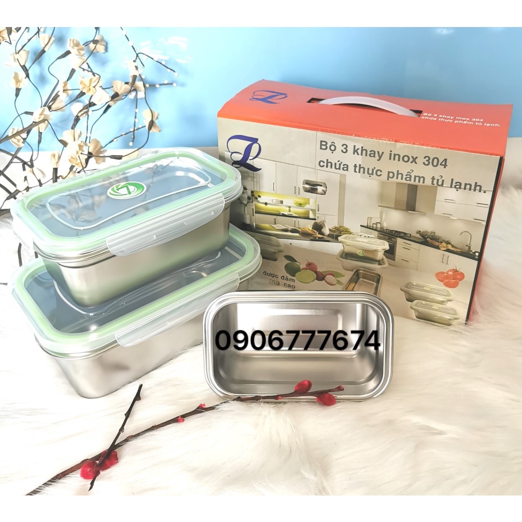 Bộ 3 Khay Inox Chuyên Trữ Thức Ăn Tủ Lạnh Kèm Hộp Làm Quà Xinh Xắn