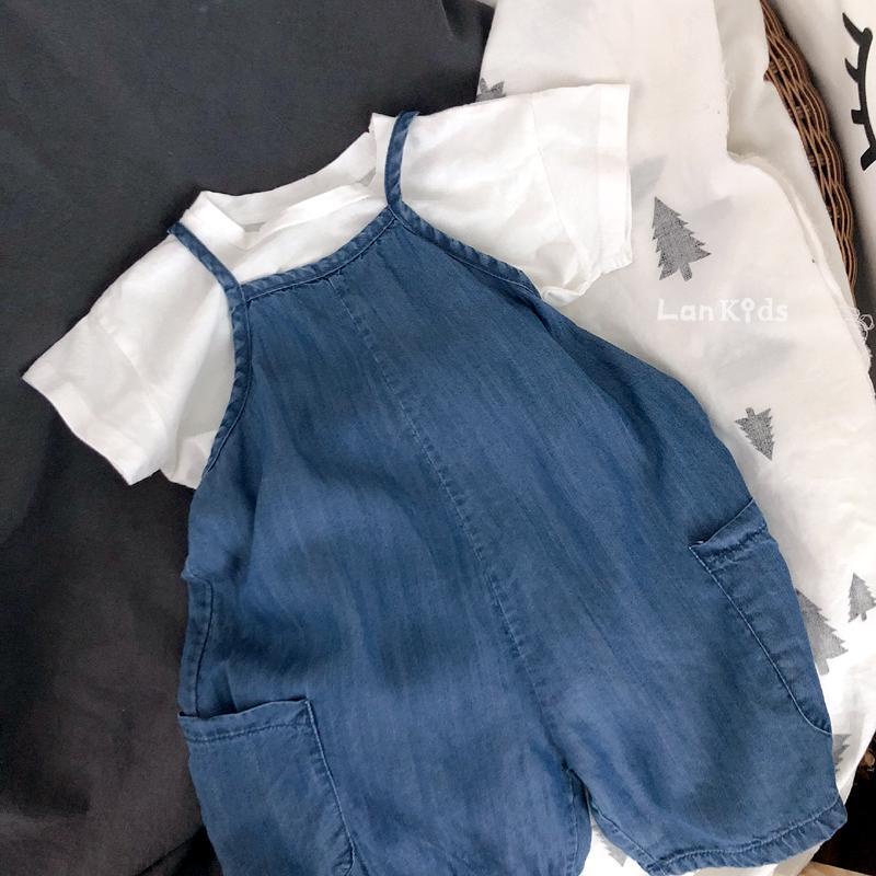 Bộ Áo Thun Denim + Quần Yếm Jeans Kiểu Hàn Quốc Thời Trang Mùa Hè Mới Cho Bé Gái 1-7 Tuổi 0418