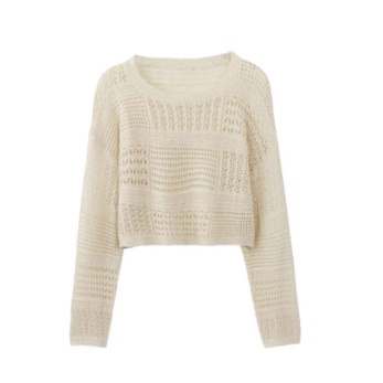 QKOOLE Áo croptop  dệt kim tay dài cổ tròn phong cách cổ điển Hàn Quốc cho nữ