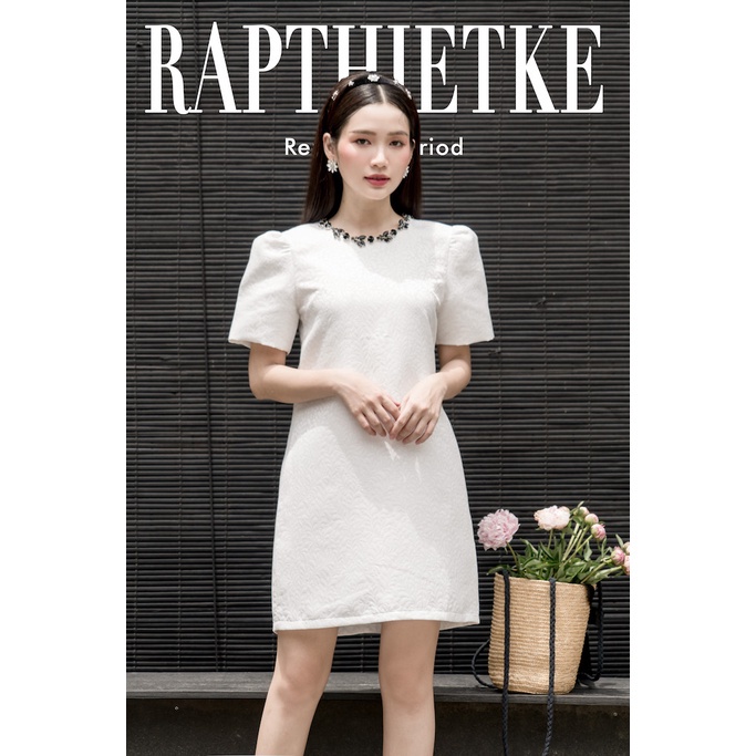 RẬP - Đầm Hoa Gấm Tay Phồng Đính Đá Cổ - TITI 04 TRẮNG HOA