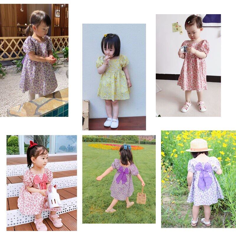 Đầm Công Chúa Tay Phồng Cổ Vuông Đính Nơ In Họa Tiết Hoa Dễ Thương Thời Trang Mùa Hè Cho Bé Gái 2-6 Tuổi
