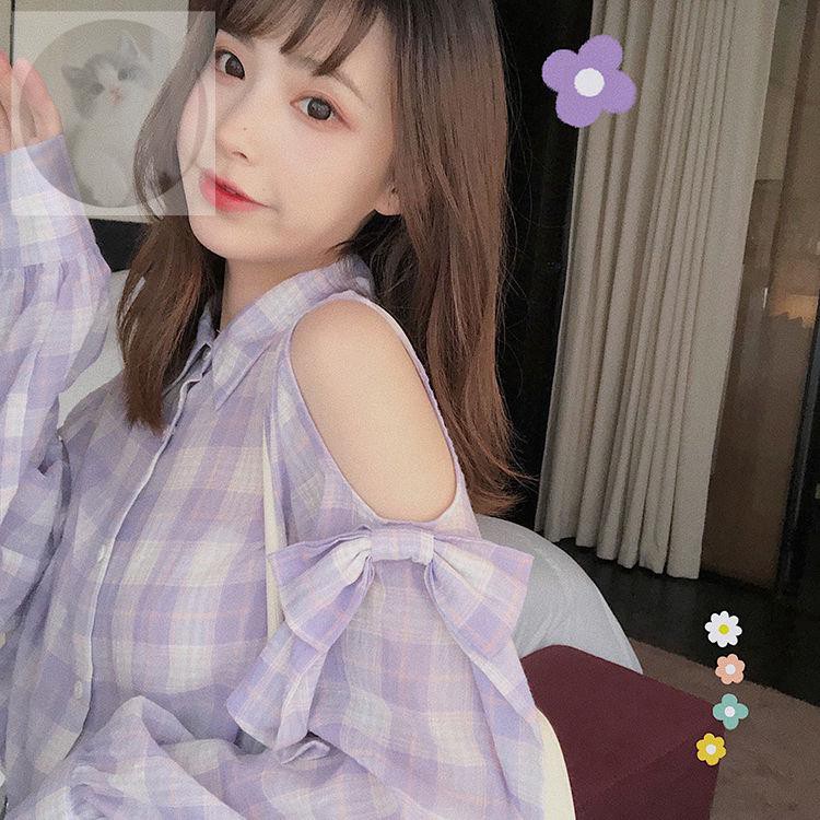 Bf Bf💎Crying và phong cách☃Áo sơ mi kẻ sọc hở vai đính nơ xinh xắn cho nữ