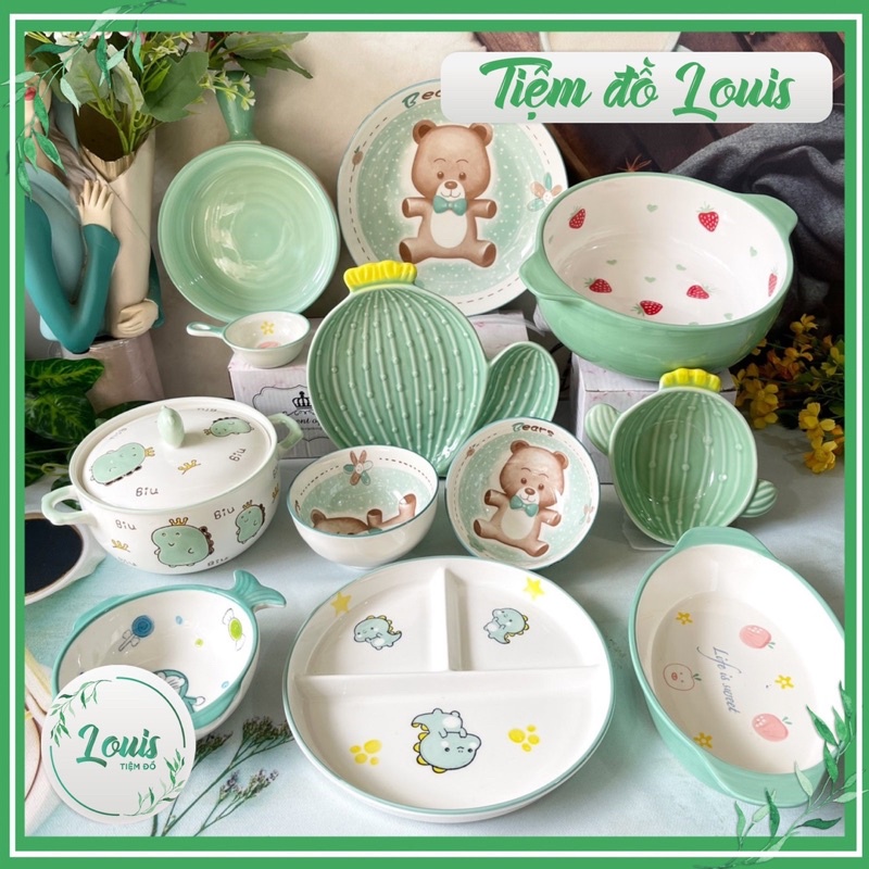 Bộ Bát Đĩa Sứ Chén Dĩa Ăn Cơm Hoạ Tiết Xanh Mint Decor Phong Cách Bắc Âu