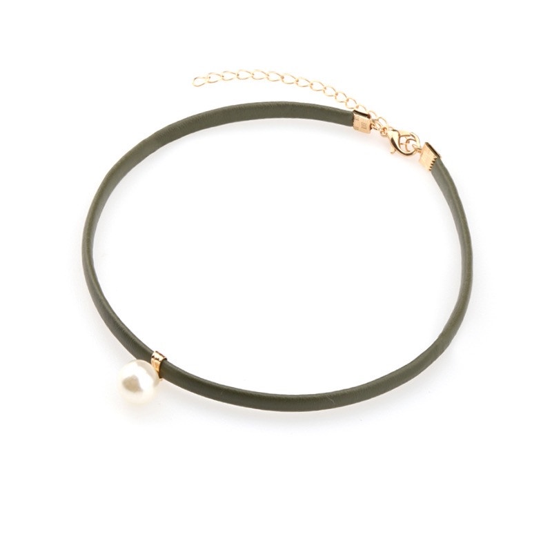 Vòng Cổ Choker Dây Da Đính Ngọc Trai Màu Xanh Lá Phong Cách Hàn Quốc