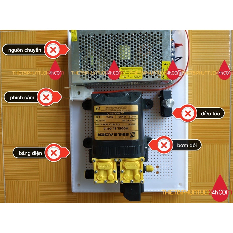 Trọn bộ máy bơm đôi min Sinleader 12v kèm biến điện, điều tốc ráp sẵn trên bảng điện dùng cho phun sương, phun xịt