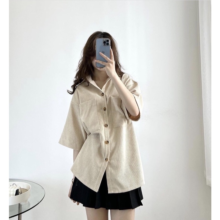 Áo sơ mi nhung tăm tay ngắn cúc bấm hằng ngày vintage cổ điển năng động basic dễ phối mang hằng ngày hàn quốc
