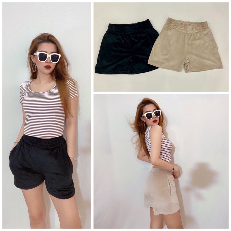Quần short đùi có túi, bản eo to, thun nhung 2 màu, hàng xịn