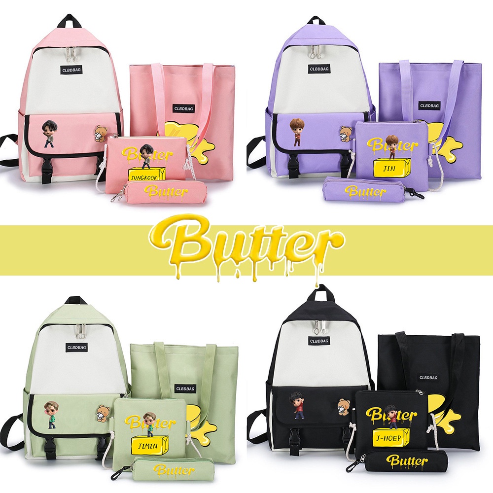 Bộ Ba Lô + Túi Đeo Chéo + Túi Đeo Chéo + Ví Vải Canvas In Hình BTS Đáng Yêu