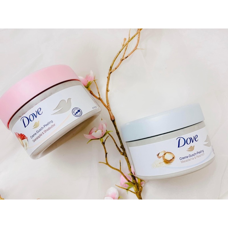 Tẩy da chết DOVE bản ĐỨC Tẩy Da Chết Toàn Thân Body DOVE Creme Dusch Peeling 225ml MACCA VÀ LỰU