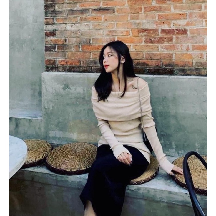 Áo len bẹt vai phong cách Hàn quốc, áo len dài tay trễ vai