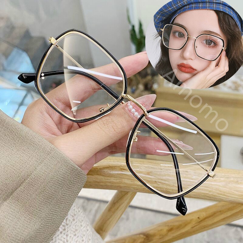 kính cận có độ 0.5~-6.0° Kính Cận Tròng Phẳng Chống Ánh Sáng Xanh Thời Trang kính gọng vuông/gọng kính cận kim loại kính thời trang nữ