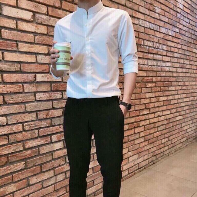 Áo Sơ Mi Nam Dài Tay Cổ Trụ Chất Lụa Trắng-Đen Trơn Phong Cách Hàn Quốc Cao Cấp- xumon shop
