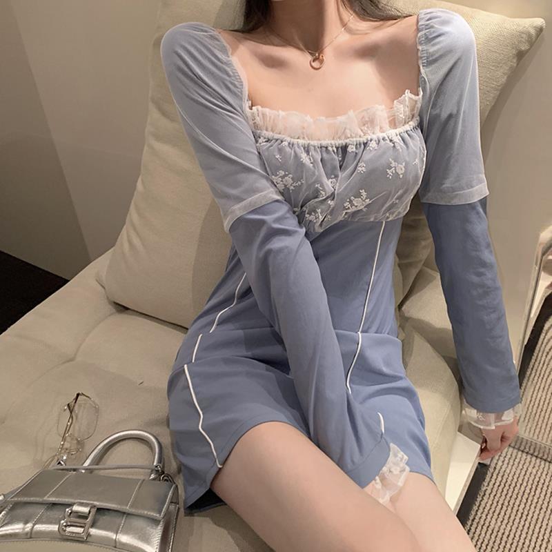 Đầm Midi Dáng Chữ A Tay Dài Phối Ren Quyến Rũ Cho Nữ