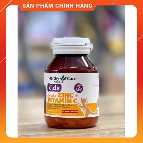 Viên nhai bố sung kẽm cho bé Healthy Care Zinc + Vitamin C của úc 60 cho trẻ từ 2 tuổi tăng đề kháng hiệu quả