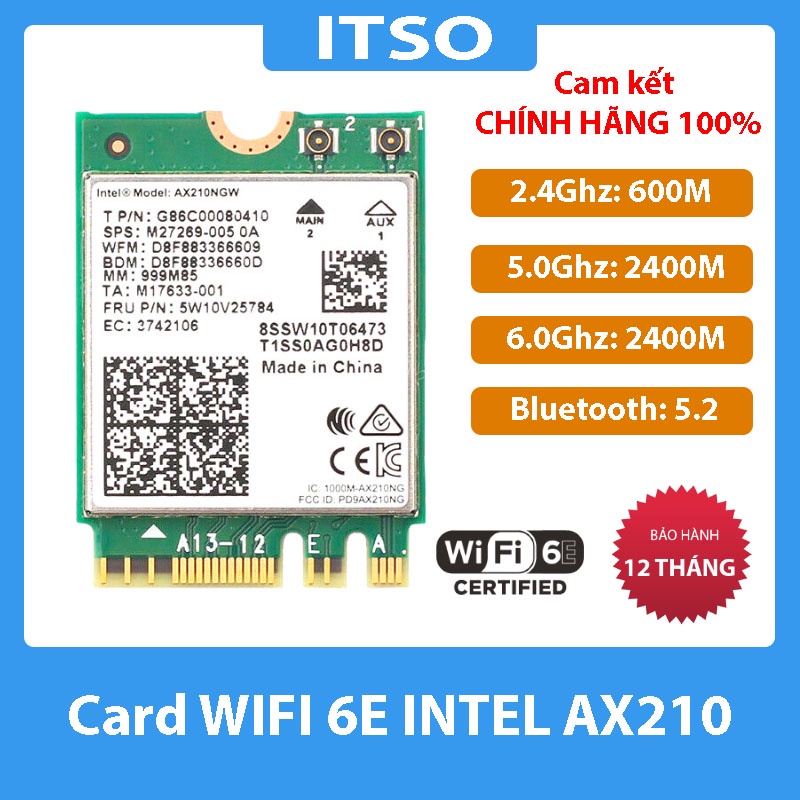 Card WIFI Intel AC7260 AC8260 AC9260 AX200 AX210 khe M2 cho laptop