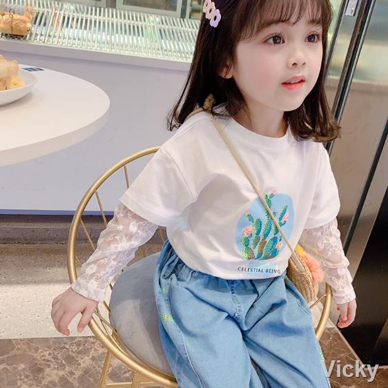áo thun bé gái dài tay mùa xuân hè 2020 mới cho trẻ em trung và nhỏ áo lưới trẻ em nổi tiếng phong cách Hàn Quốc Áo sơ m