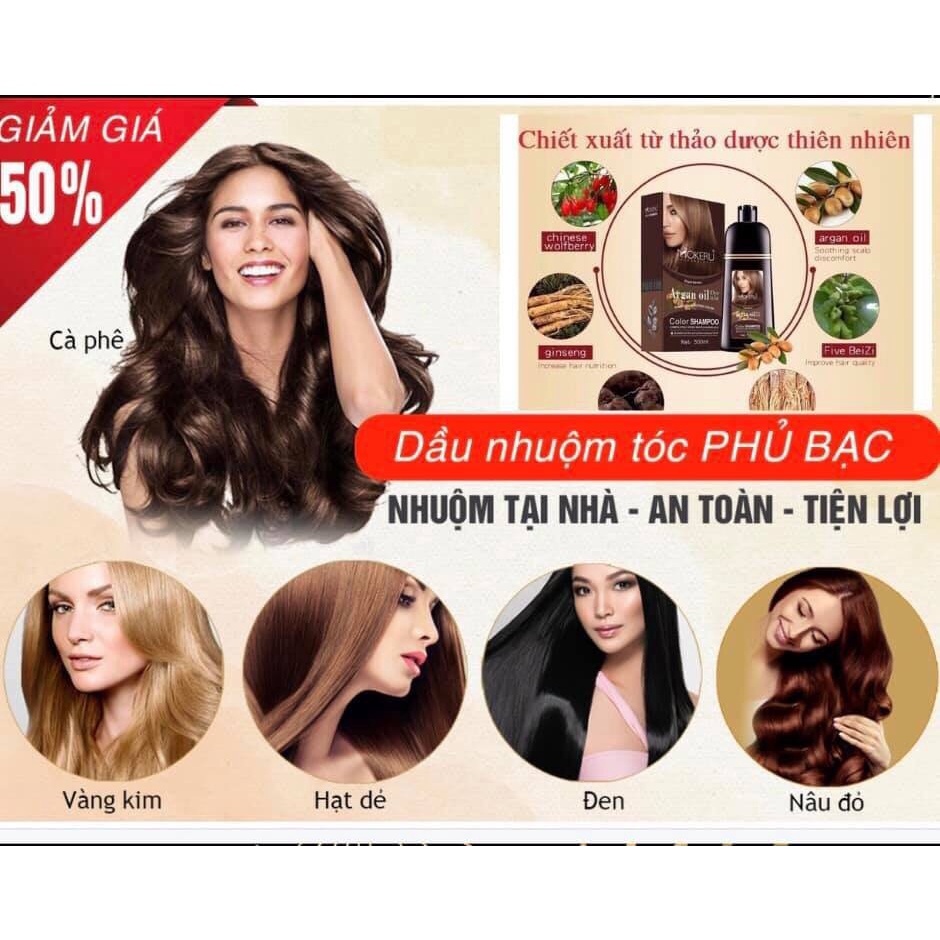Dầu Gội Phủ Bạc Đổi Màu Tóc MOKERU, Dầu gội nhuộm tóc thảo dược chai 500ml Chính hãng