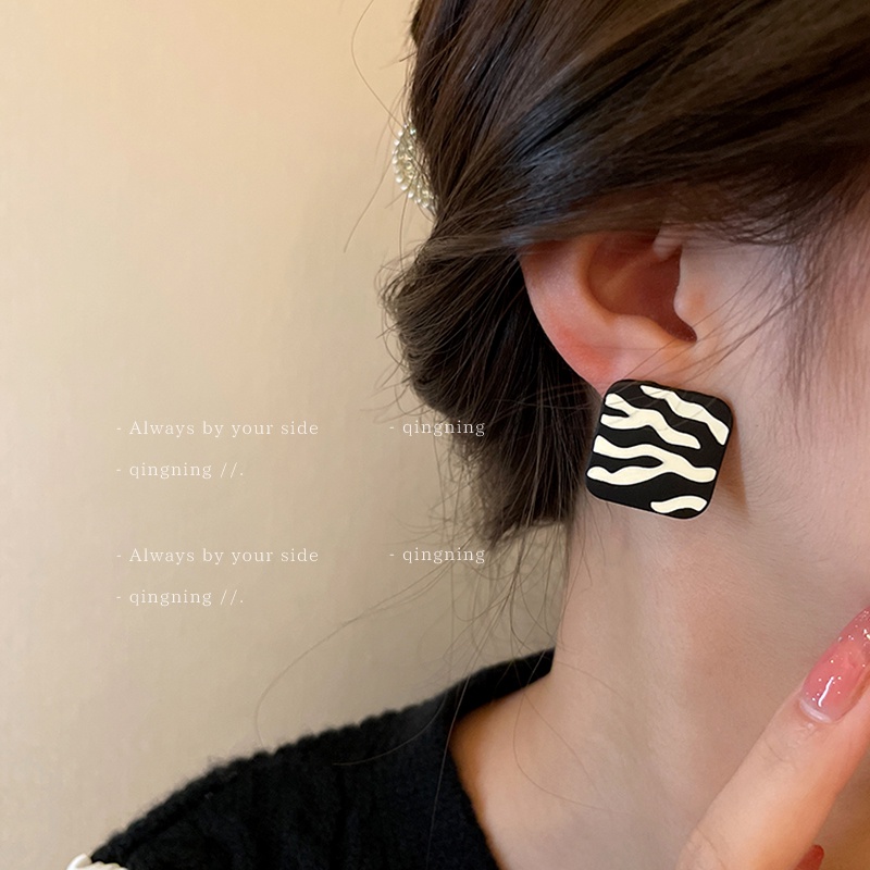 DREJEW Khuyên tai mạ bạc 925 hình vuông kẻ sọc đen trắng phong cách Hàn Quốc đơn giản cho nữ
