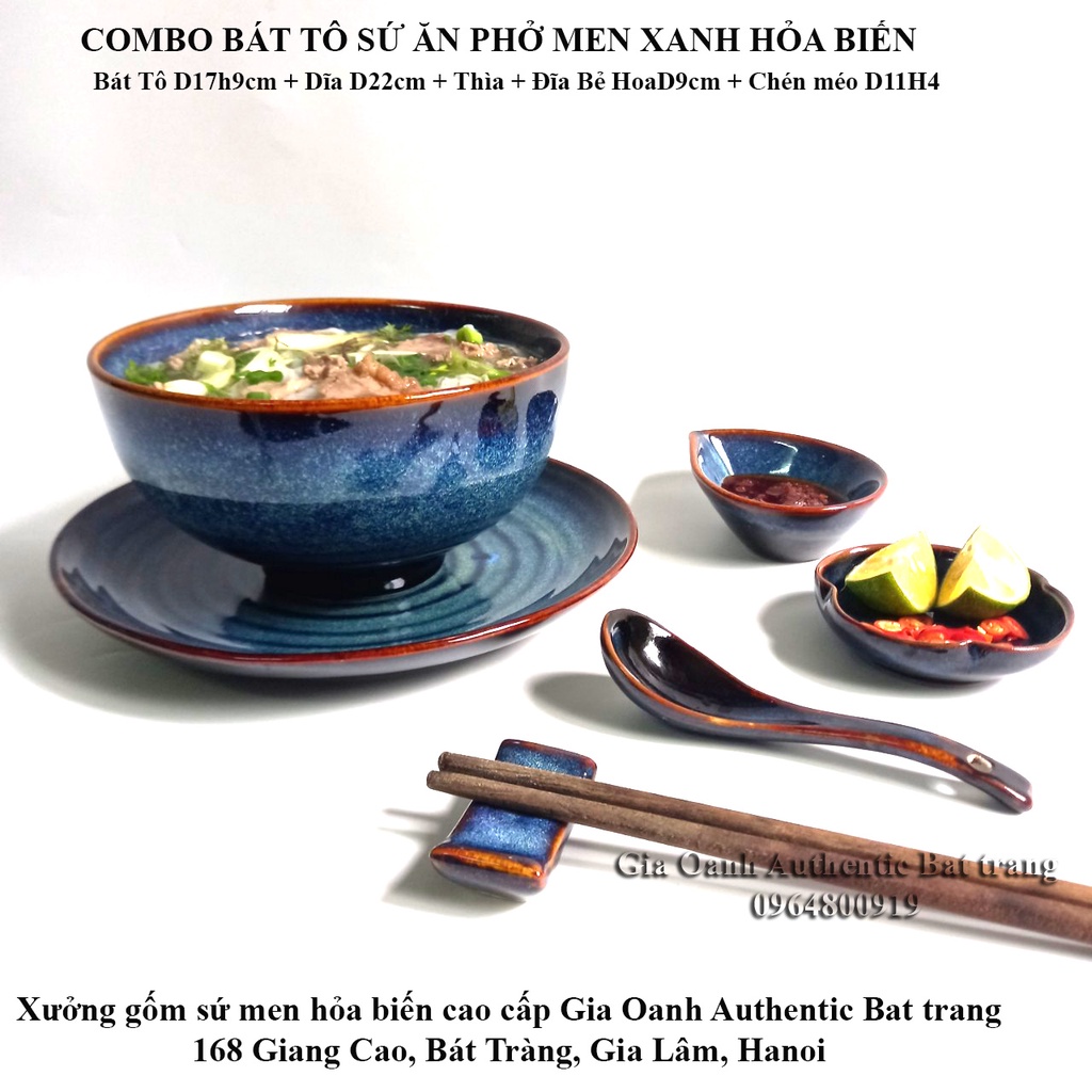 (COMBO) Set bát tô ăn phở - men hỏa biến cao cấp -Tô sứ D17h9+Dĩa D22+Chén Sốt+đĩa ớt chanh Gia Oanh Authentic Bat trang